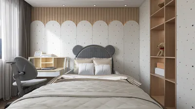 Cozy bedroom design featuring a playful bear-themed headboard, arranged with essential furniture, in a modern minimalist style, showcasing interior decor ideas. Utilizes Homestyler's real-time 3D rendering for effective renovation previews.