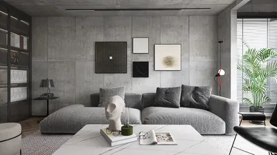 Modern living room featuring a gray sectional sofa and minimalist decor, showcasing an industrial style with concrete walls; interior design focused on space optimization using Homestyler's real-time 3D rendering.