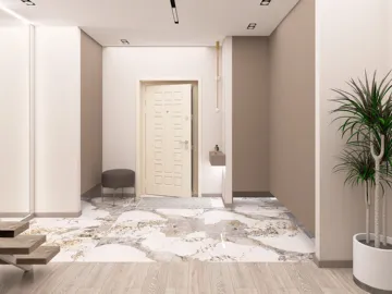 a modern entrance hallway featuring a stylish door and elegant flooring design using realistic materials, showcasing smart furniture arrangement with Homestyler's advanced 3D rendering capabilities.
