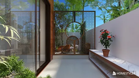 outdoor garden area with decorative wooden screen enhancing privacy, contemporary style and vibrant greenery, showcasing Homestyler's real-time 3D rendering feature.
