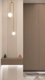 Modern interior design featuring a minimalist console table with elegant lighting and smooth cabinetry, showcasing smart furniture arrangement for optimal space utilization, powered by Homestyler's real-time 3D rendering.