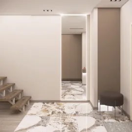modern hallway featuring a sleek design with marble flooring and neutral tones, showcasing a contemporary interior decor style; highlights the Homestyler real-time 3D rendering feature for visualizing design proposals.