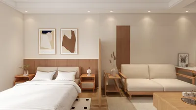 Modern bedroom furniture arrangement featuring a wooden bed and sofa, designed in a minimalist style, optimizing space for small interiors with Homestyler's smart furniture layout feature.