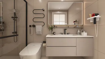 Modern bathroom design featuring a sleek vanity with a mirror, minimalistic shower area, and stylish fixtures in a neutral color palette for a sophisticated interior design ambiance; showcasing Homestyler's real-time 3D rendering feature.