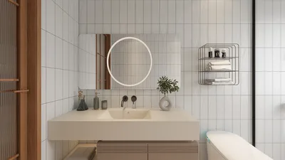 modern bathroom design featuring a sleek sink area with a round mirror, showcasing minimalist style and maximizing space efficiency, utilizing Homestyler's real-time 3D rendering feature.