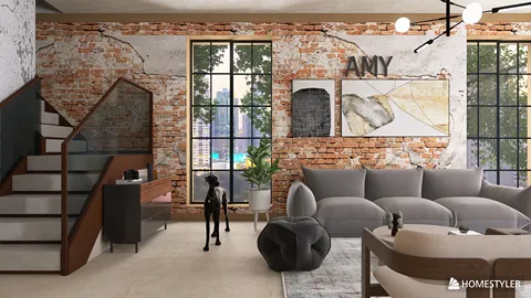 Living room with exposed brick walls featuring modern furniture arrangement in a contemporary style, showcasing interior decor elements, utilizing Homestyler's real-time 3D rendering for design proposals.
