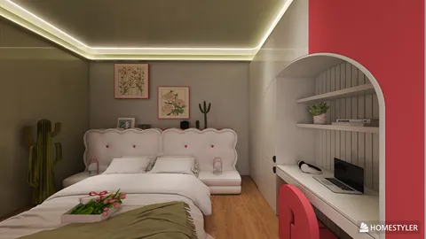 A cozy modern bedroom featuring a stylish bed and integrated shelving, designed with soft tones and elegant details, showcasing interior design concepts with Homestyler's real-time 3D rendering capability.