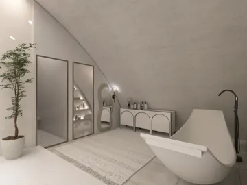 modern bathroom with minimalist design featuring a freestanding bathtub and elegant mirrors, showcasing interior decor ideas for contemporary spaces using Homestyler's real-time 3D rendering feature.