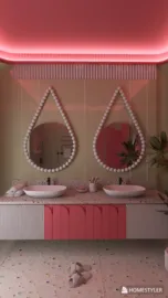 modern bathroom design featuring two round mirrors with artistic frames, showcasing a playful color scheme and unique fixtures, utilizing Homestyler's real-time 3D rendering feature for an accurate design preview.