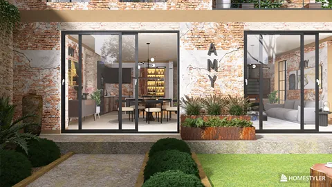 Stylish exterior view of a modern home with large glass doors, showcasing a cozy dining area and a beautifully designed garden; featuring Homestyler's real-time 3D rendering for accurate design visualization.