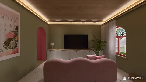 colorful living room design featuring a pink curved sofa and modern TV setup, enhanced by smart furniture arrangement for space optimization, showcasing Homestyler's real-time 3D rendering capabilities