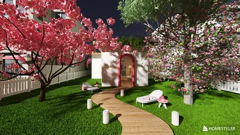 A serene garden scene featuring blooming cherry blossom trees, a wooden pathway leading to an archway, and lounge chairs, designed in a modern style to enhance outdoor living spaces using Homestyler's real-time 3D rendering.