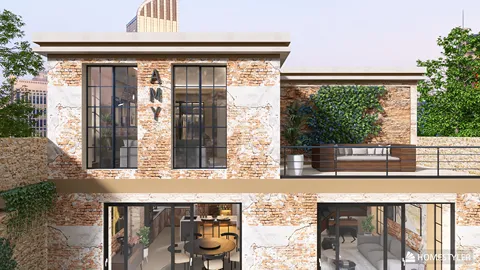 modern brick exterior design showcasing a contemporary residence with lush greenery and large glass windows, perfect for exterior home improvement projects using Homestyler's real-time 3D rendering feature.