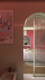 Cozy bedroom featuring vibrant pink walls and an artistic wall decoration, showcasing a modern interior design style; optimized with Homestyler's real-time 3D rendering for a quick visual preview.