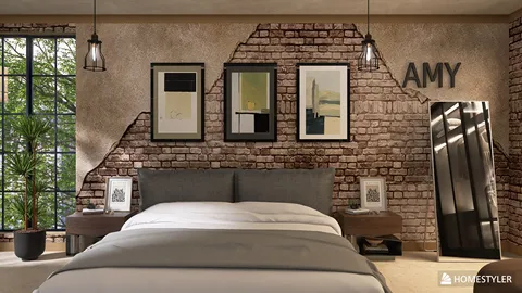 A cozy bedroom with a rustic brick wall design featuring framed artwork and a mirror, showcasing modern interior decor; utilizing Homestyler's real-time 3D rendering for an efficient design proposal.