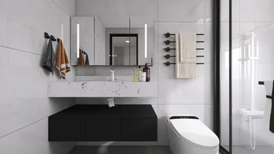 modern bathroom design featuring a sleek washstand with marble surface and stylish storage, showcasing efficient space utilization with Homestyler's real-time 3D rendering feature.