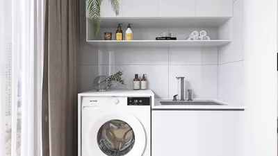 modern laundry room featuring washing machine and sink layout, designed for efficient space utilization with stylish decor, utilizing Homestyler's real-time 3D rendering feature.