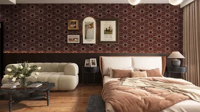 modern bedroom design featuring a stylish bed with a cozy blanket, decorated with an elegant flower-patterned wallpaper, showcasing an inviting and luxurious atmosphere; emphasizes Homestyler's real-time 3D rendering for quick design previews.