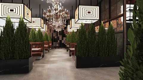 stylish indoor restaurant featuring lush greenery and elegant lighting layout in a modern design showcasing interior décor aesthetics using Homestyler's real-time 3D rendering feature
