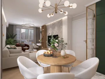 modern dining area featuring a circular wooden table surrounded by white chairs in a stylish living room with green accents, showcasing smart furniture arrangement for small space optimization using Homestyler's 3D rendering feature.