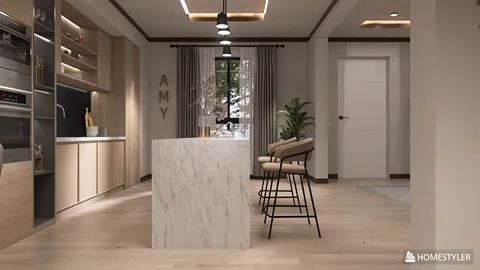 modern kitchen island design featuring a marble countertop, utilizing Homestyler's real-time 3D rendering for enhanced visualization