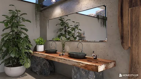 modern bathroom design featuring dual sinks and a wooden vanity surrounded by greenery and natural elements, showcasing Homestyler's smart furniture layout functionality.