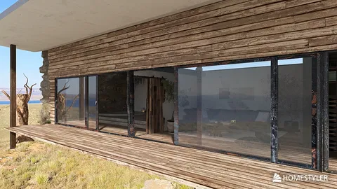 modern exterior design with wooden facade and large glass windows showcasing a panoramic view, featuring a seamless integration of indoor and outdoor spaces using Homestyler's AR virtual furniture placement