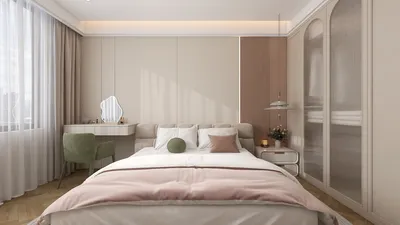 A modern bedroom featuring a cozy bed with soft linens, designed using smart furniture arrangement for optimized small space. This interior design showcases a neutral palette and elegant decor, highlighting Homestyler's real-time 3D rendering feature for instant visualization.
