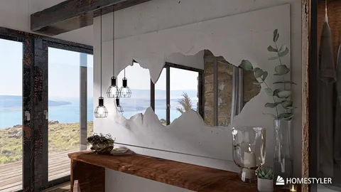 Elegant wall mirror reflecting natural scenery with stylish hanging lights, showcasing modern coastal interior design for a serene living space, featuring Homestyler's real-time 3D rendering capability.