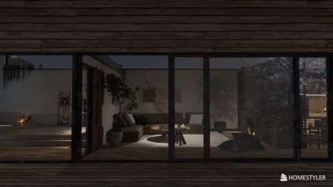 modern living room interior design featuring cozy furniture arrangement with warm lighting and natural elements, showcasing Homestyler's real-time 3D rendering capabilities.