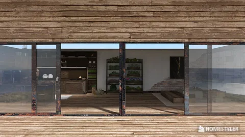 modern wooden house exterior with large glass doors showcasing an open kitchen and living area, featuring a rustic design and seamless indoor-outdoor connection, using Homestyler's real-time 3D rendering for accurate visual presentation.