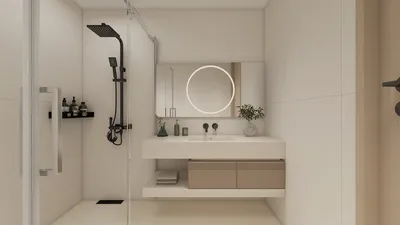 modern bathroom design showcasing a sleek shower area and minimalist vanity, featuring a soft color palette and functional layout, optimizing small spaces with Homestyler's real-time 3D rendering feature.