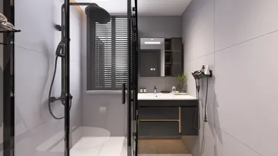 modern bathroom design showcasing a shower area and vanity unit with elegant finishes, utilizing Homestyler's real-time 3D rendering for a realistic renovation preview