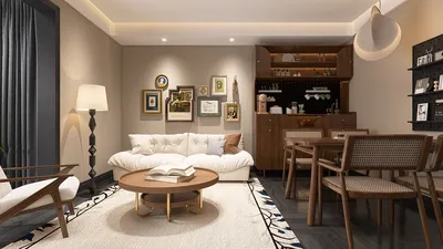 cozy living room furniture arrangement featuring a stylish sofa and dining area in a modern design with warm tones, showcasing Homestyler's real-time 3D rendering functionality.