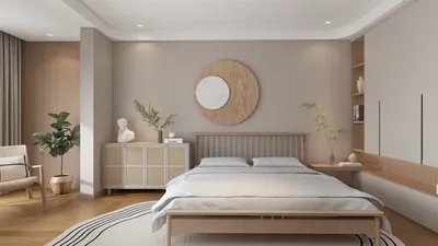 Modern bedroom design featuring a wooden bed set and minimalist decor, showcasing a serene and calming atmosphere with natural elements, using Homestyler's real-time 3D rendering for accurate preview.