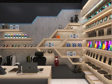 Retail display area showcasing various tech gadgets arranged on stylish shelving, using smart furniture arrangement for optimal small space use, highlighting Homestyler's real-time 3D rendering feature.