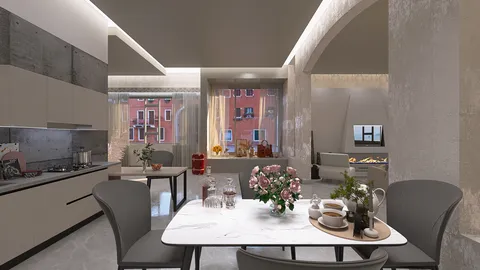 Modern kitchen with elegant dining setup featuring a marble table, smart furniture arrangement for space optimization, contemporary design style, showcasing interior decor ideas with Homestyler's real-time 3D rendering feature.