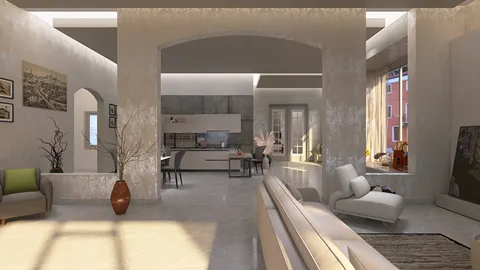 modern living room design showcasing a spacious layout with a cozy seating area, featuring minimalistic decor and large windows for natural light, utilizing Homestyler's real-time 3D rendering for an accurate preview.