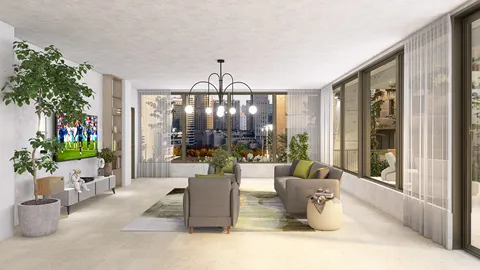 modern living room design showcasing furniture arrangement in a contemporary style, featuring smart furniture layout for optimizing small spaces using Homestyler's intelligent furniture placement functionality.