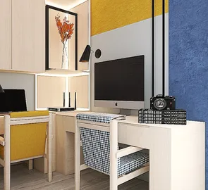 Modern workspace featuring a computer and stylish seating combined with an innovative color-block design, focusing on efficient interior decor solutions for small spaces; utilizing Homestyler's real-time 3D rendering for quick design previews.