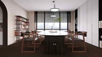 modern dining room featuring wooden round table and stylish chairs with a minimalist design, showcasing a sleek and sophisticated interior aesthetic, utilizing Homestyler's real-time 3D rendering for design previews.