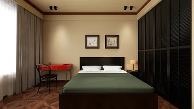 modern bedroom featuring a cozy bed with green bedding, showcasing a minimalist design approach, optimized for space utilization using Homestyler's 3D rendering feature.