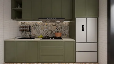 green kitchen cabinets with modern appliances and patterned backsplash creating a stylish cooking space; showcasing Homestyler's real-time 3D rendering feature for interior design.