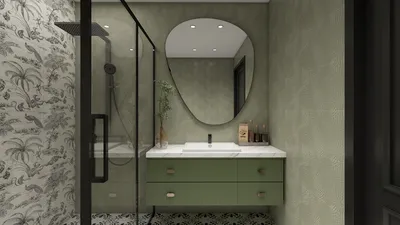 Stylish bathroom with a modern green vanity, featuring a sleek sink and an oversized mirror, enhanced by detailed wallpaper and a sophisticated shower space, showcasing interior design excellence with Homestyler's real-time 3D rendering capabilities.