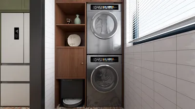 Laundry machines stacked in a compact cabinet, featuring a modern design and efficient use of space, showcasing Homestyler's real-time 3D rendering capability.