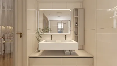 Modern bathroom design featuring a sleek double sink with integrated countertop, showcasing a minimalist style for optimal space utilization. Utilizing Homestyler's real-time 3D rendering for accurate pre-design visualization.