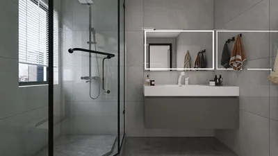 modern bathroom design featuring a sleek shower area with glass enclosure and minimalist vanity, emphasizing smart furniture arrangement for compact spaces; utilizing Homestyler's real-time 3D rendering functionality for design preview.