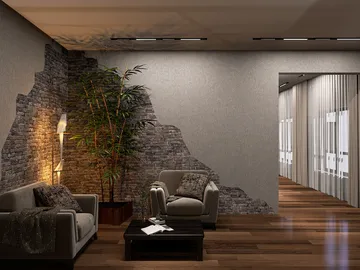 modern living room with stone wall accent featuring cozy seating and ambient lighting, showcasing interior design optimization using Homestyler's real-time 3D rendering feature