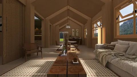 wooden living room with cozy furniture arrangement featuring a rustic design style that emphasizes warmth and comfort, showcasing the Homestyler's real-time 3D rendering capability.