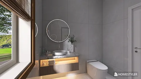 modern bathroom design featuring a stylish vanity with a circular mirror and natural light from a window, optimized for interior decor showcasing Homestyler's real-time 3D rendering capabilities